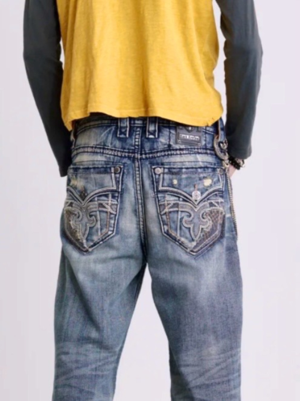MENS ROCK REVIVAL NORWELL STRAIGHT FLEUR DE LIS THICK STITCH JEANS NEW Sz 30X32